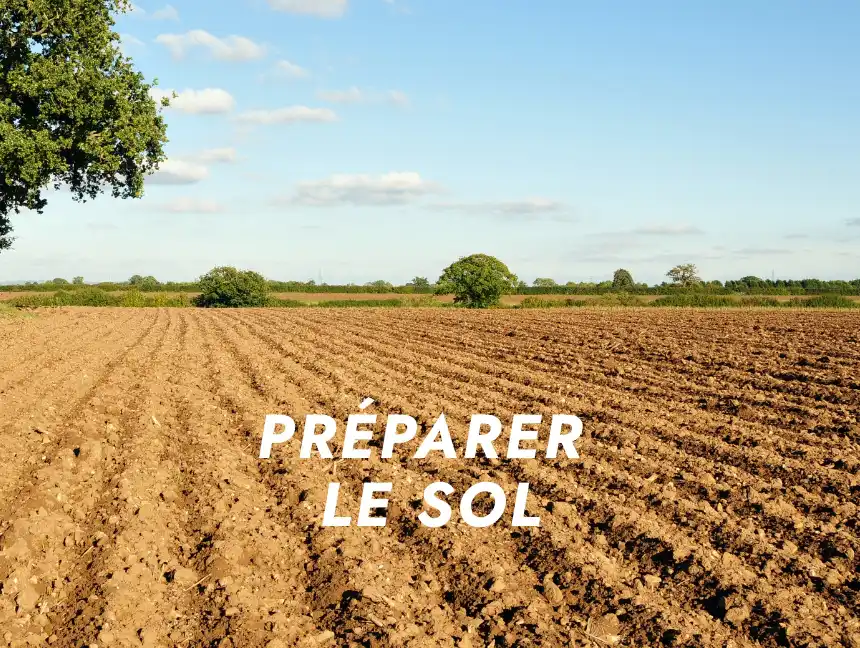 Image d'un champs labouré, avec le texte PREPARER LE SOL en surbrillance par dessus