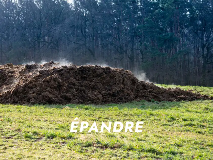 Image d'un fumier juste épandu, avec le texte EPANDRE en surbrillance par dessus