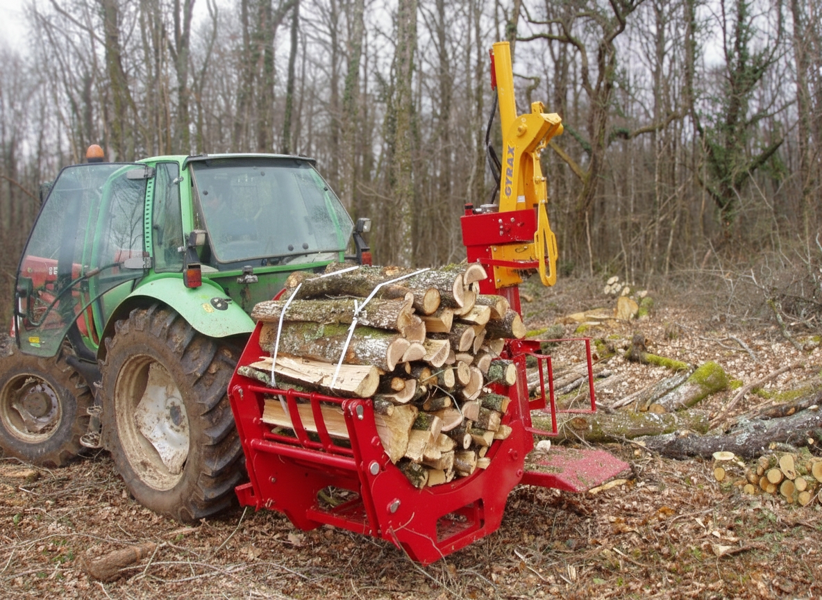 Fagoteuse Gyrax en chargée de buches au milieu des bois.