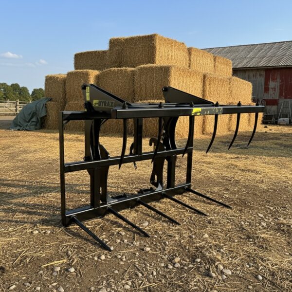 fourche à paille Gyrax posée par terre en extérieur