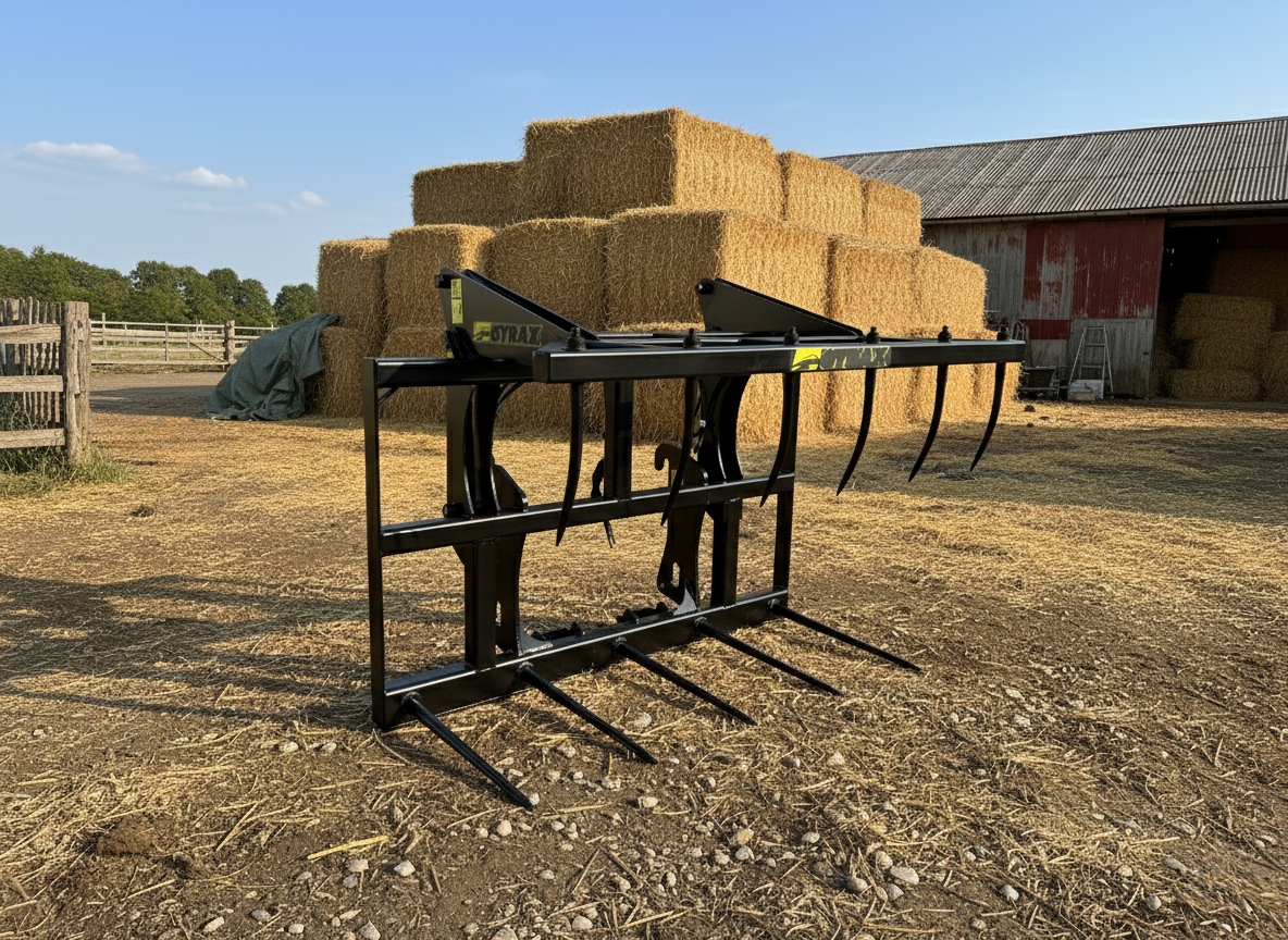 fourche à paille Gyrax posée par terre en extérieur