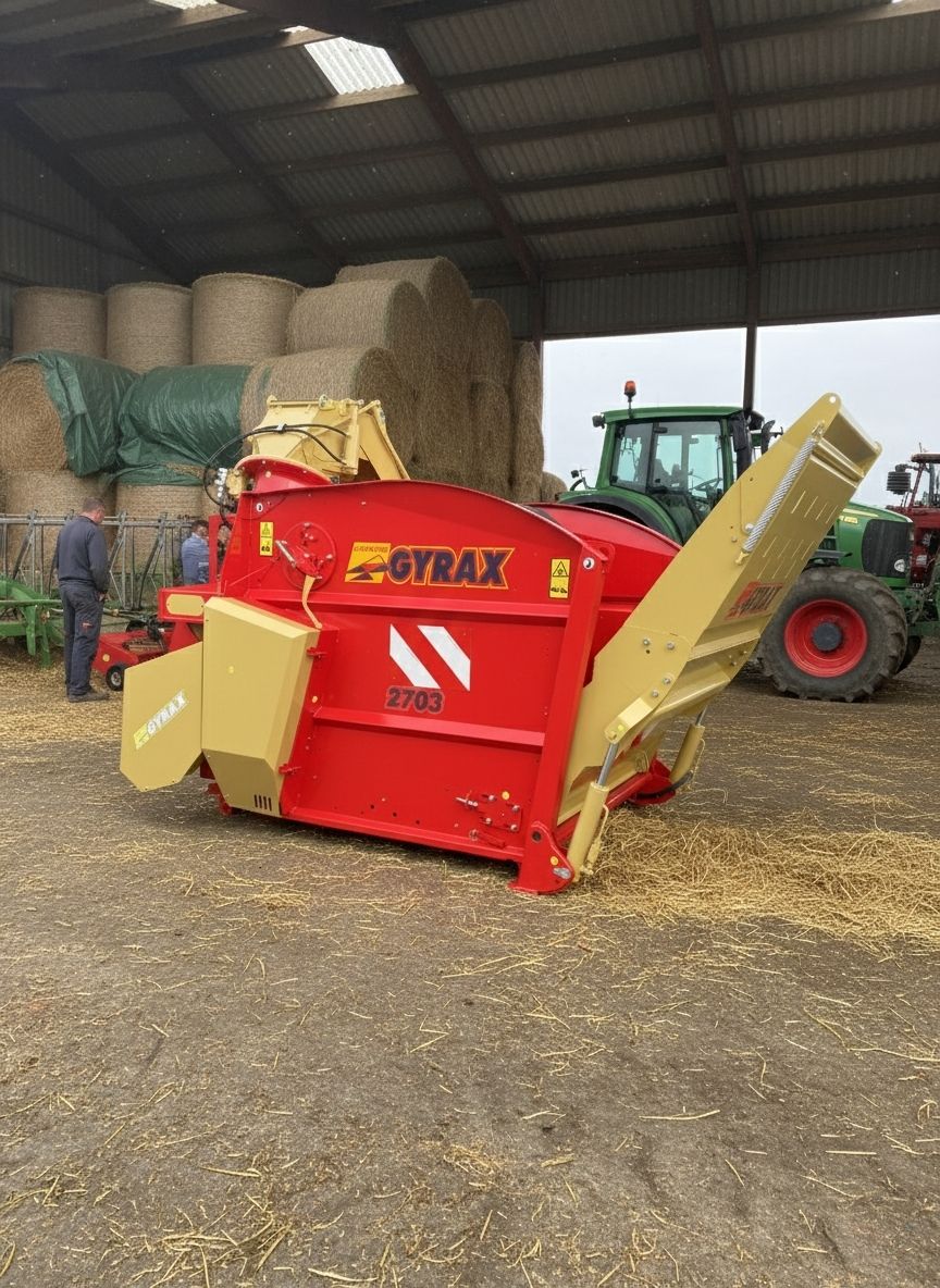 Une pailleuse rouge vif de la marque GYRAX, modèle 2703, est garée à l'intérieur d'un hangar agricole. En arrière-plan, on aperçoit de nombreuses bottes de foin empilées et un tracteur vert. De la paille est éparpillée sur le sol en terre battue autour de la machine.