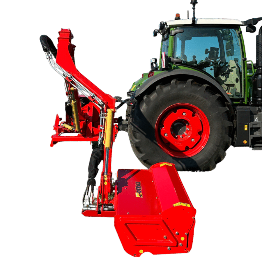 Vue du bras avancé +70mm de profil, permettant une meilleur visibilité au travail et un meilleur confort d'utilisation pour les épareuses Gyramax.