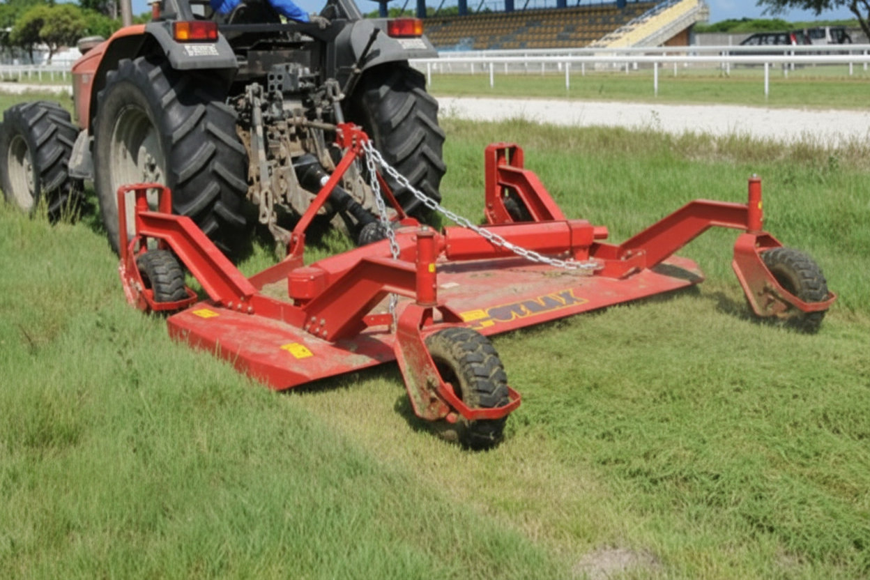 Tondeuse multirotor GYRAX T28 en action sur surface engazonnée, largeur de travail 2,80 m, coupe régulière avec trois rotors.