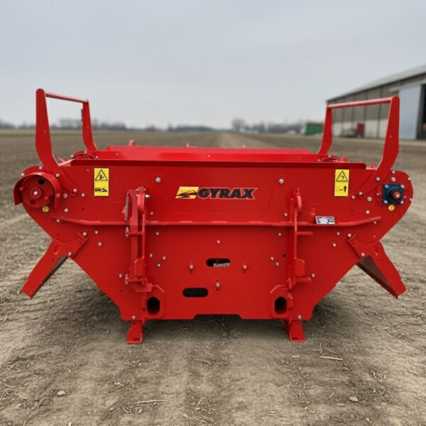 Dérouleuse Gyrax posée dans un chemin proche d'une exploitation agricole.