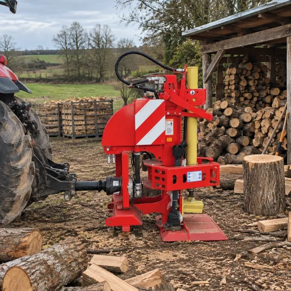 Fendeur de bûches hydraulique GYRAX attelé à un tracteur, dans un environnement de travail, avec des rondins de bois prêts à être fendus et du bois de chauffage stocké.